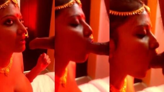 Image of Mallu bride in full jewelry giving amateur blowjob on first night sex-Linkwallah.com