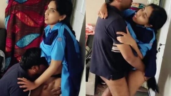 Image of Nervous college girl in uniform pinned to wall and fucked by bf-Linkwallah.com